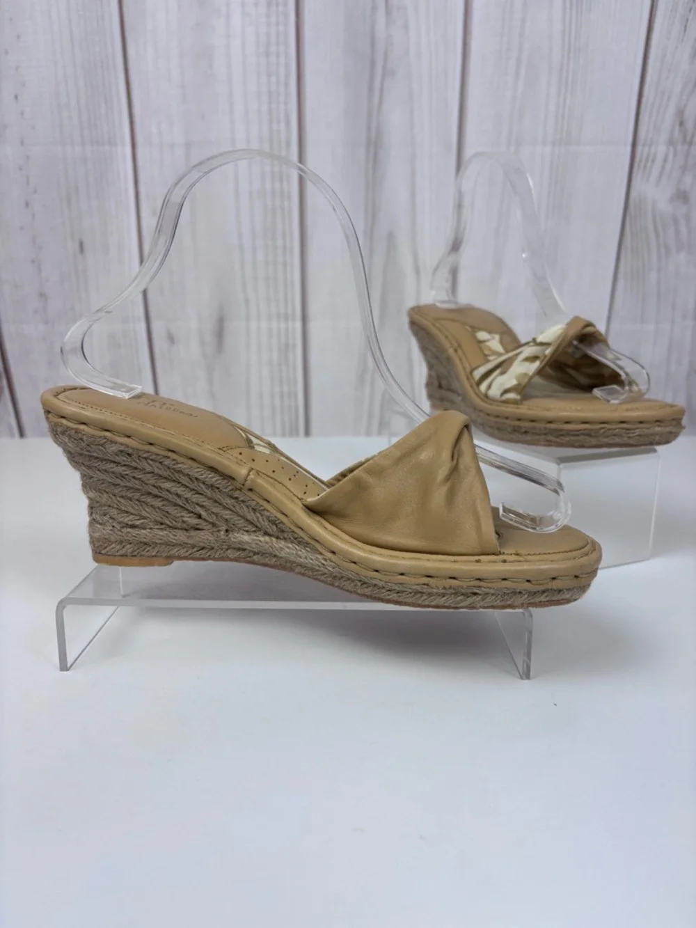 Born Drilles Espadrille Wedge Slide Sandals Leather Fabric Boho Slip-On Tan 8 - Picture 2 of 16